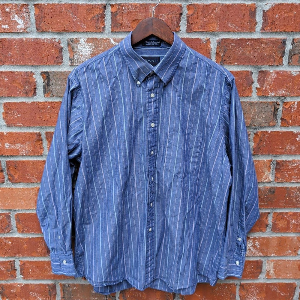 Gant Button Down Shirt Mens 17-34 Blue Striped Purebred Broadcloth Long Sleeve